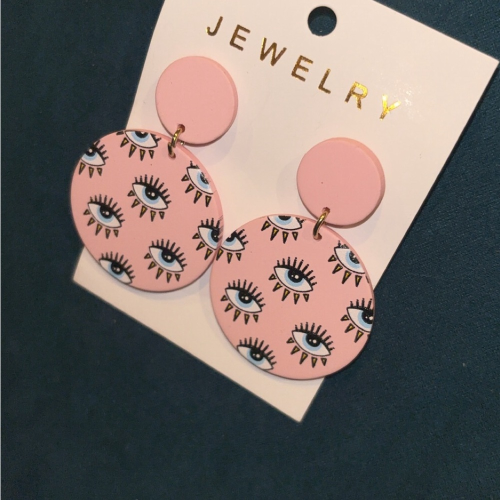 Pink evil eye drop earrings